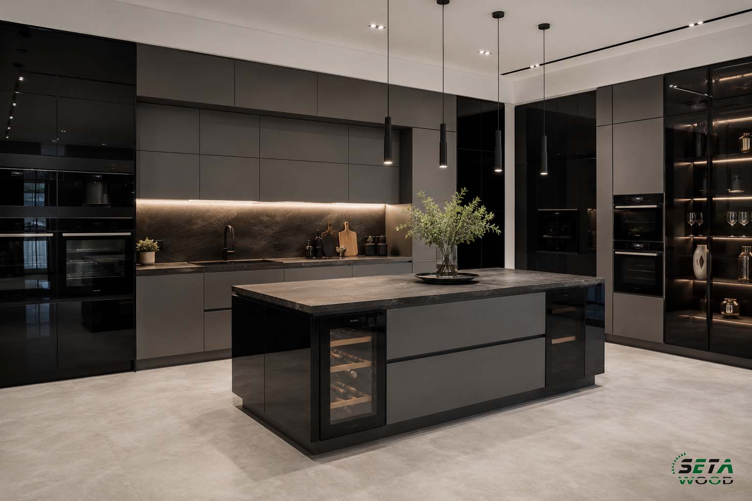 رندر کابینت با رنگ مشکی و خاکستری