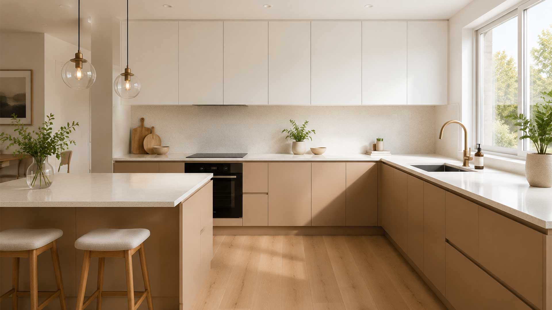 تصویری از کابینت با رنگ کاپچینو و سفید